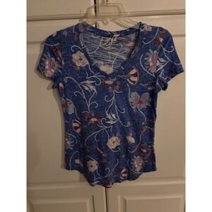 Dept 222 Womens Blue Floral V-Neck Short Sleeve T-Shirt Cotton Modal Blend XS